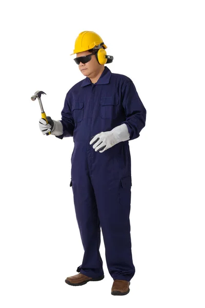 Full Body Portrait Worker Mechanic Jumpsuit Holding Hammer Helmet Earmuffs — Stock Photo, Image