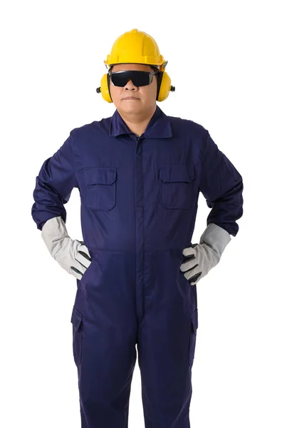 Portret Van Een Werknemer Mechanic Jumpsuit Met Helm Oorkappen Beschermende — Stockfoto