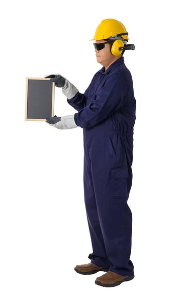 Full Body Portrait Worker Mechanic Jumpsuit Helmet Earmuffs Protective Gloves — Stock Photo, Image