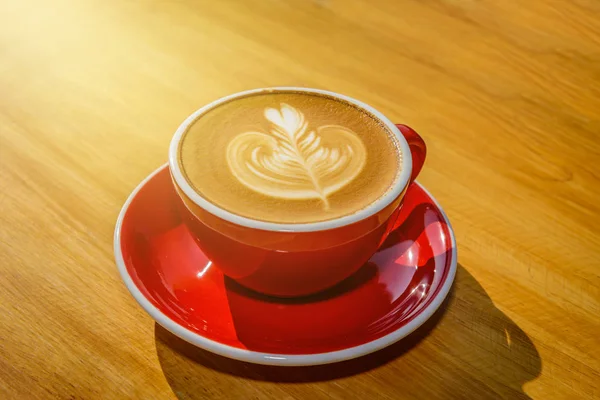 Closeup Image Red Cup Hot Latte Coffee Latte Art Wooden — Stock Photo, Image