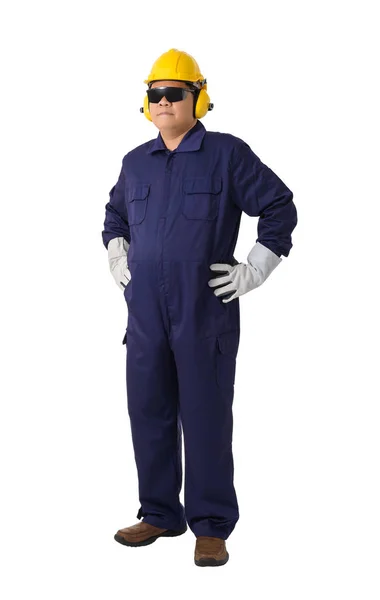 Volledige Lichaam Portret Van Een Werknemer Mechanic Jumpsuit Met Helm — Stockfoto