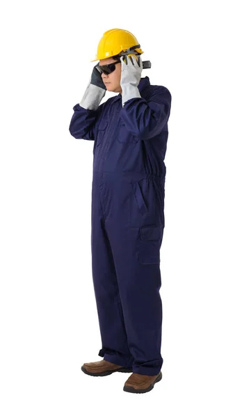 Full Body Portrait Worker Mechanic Jumpsuit Helmet Earmuffs Protective Gloves — Stock Photo, Image