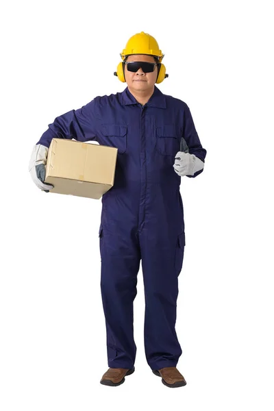 Retrato Trabajador Traje Mecánico Con Casco Orejeras Guantes Protectores Gafas —  Fotos de Stock