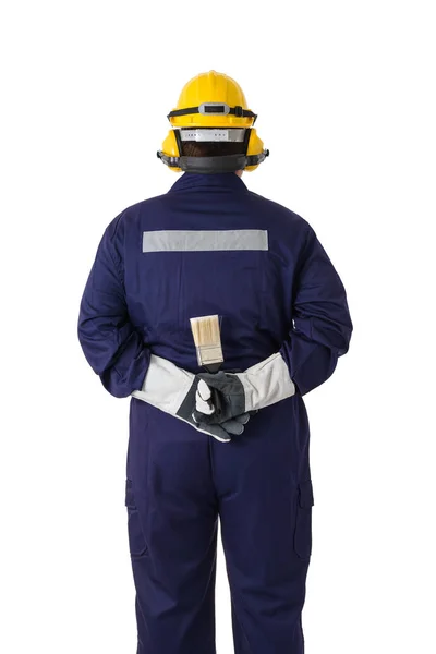 メカニック ジャンプ スーツの労働者の背面図の肖像画は ヘルメット イヤーマフ 保護手袋 安全ゴーグル ホワイト バック グラウンド — ストック写真
