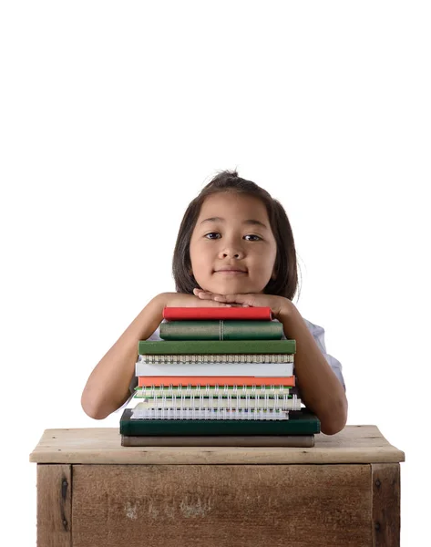 Retrato Sonriente Pequeño Estudiante Asiático Chica Con Muchos Libros Educación —  Fotos de Stock