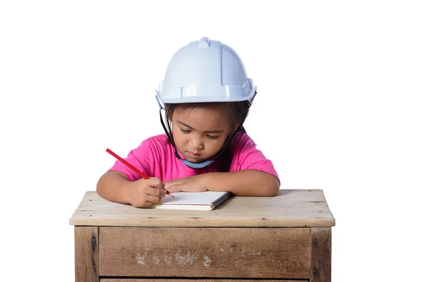 Asya Çocuk Kask Düşünme Planer Kalemle Giyen Kırpma Yolu Ile — Stok fotoğraf