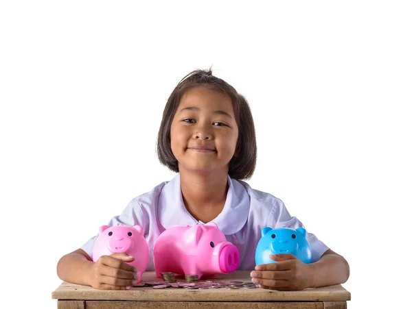 Cute asian girl have fun with many piggy bank isolated on white — Stock Photo, Image