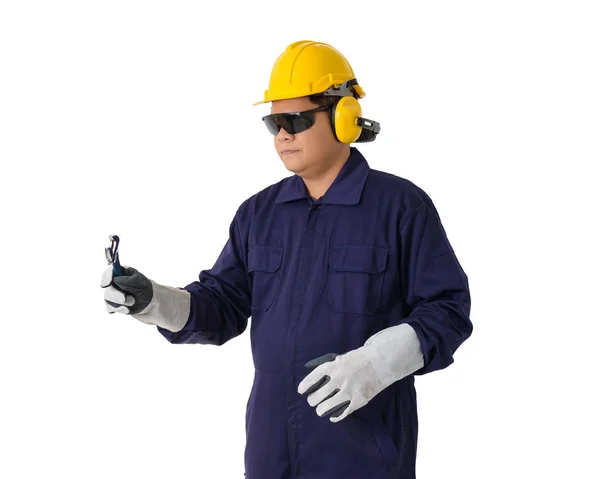Retrato de um trabalhador em macacão mecânico está segurando uma chave é — Fotografia de Stock