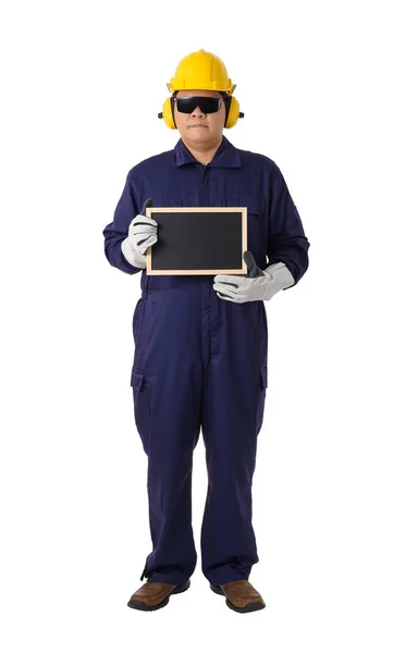 Retrato de corpo inteiro de um trabalhador em macacão mecânico isolado em — Fotografia de Stock