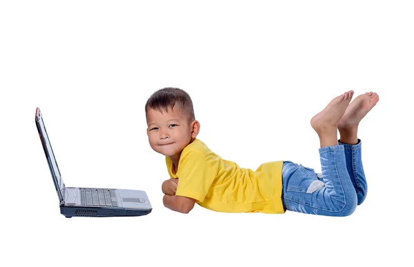 Słodkie małe dziecko dziewczyna azjatyckich na podłodze studia lub komputera przenośnego — Zdjęcie stockowe