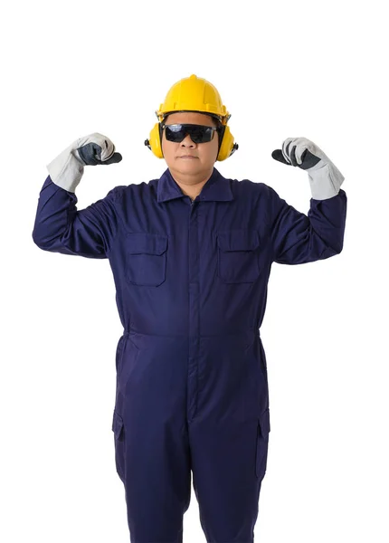 Retrato de un trabajador en traje mecánico aislado en la espalda blanca — Foto de Stock