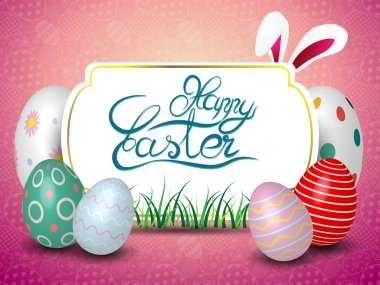 Uluslararası bahar kutlama tasarım tipografi ile tebrik kartı, Parti Davetiyesi tebrik kartı şablonu Paskalya gerçekçi 3d renkli Paskalya yumurtaları tavşan kulakları ve el yazısı ile