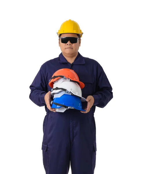 Retrato de um trabalhador em macacão mecânico isolado nas costas brancas — Fotografia de Stock