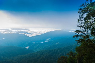 Dağ ve deniz sis sabah görünümü