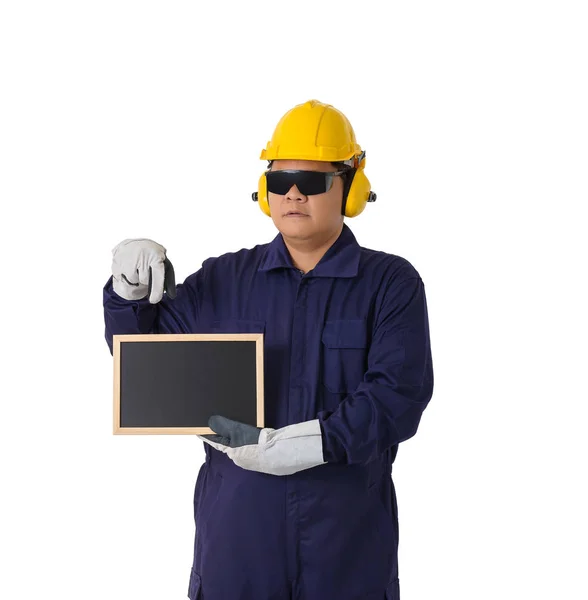 Retrato de corpo inteiro de um trabalhador em macacão mecânico isolado em — Fotografia de Stock