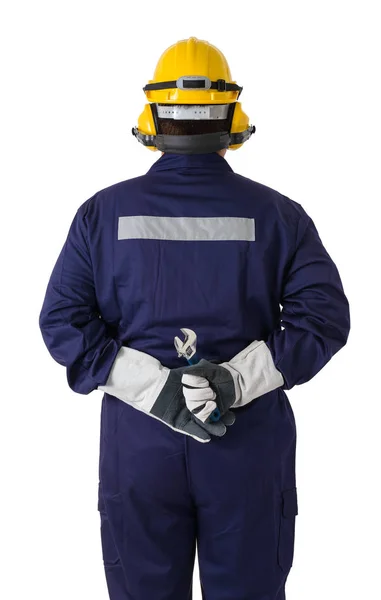 Back view portrait of a worker in Mechanic Jumpsuit is holding a — Stock Photo, Image