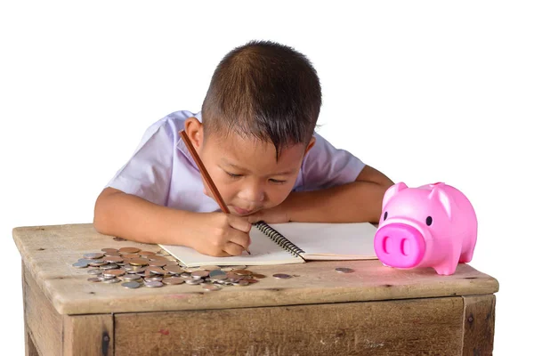 Sevimli Asya ülke çocuk gelir makbuzları ve paraları not edin — Stok fotoğraf