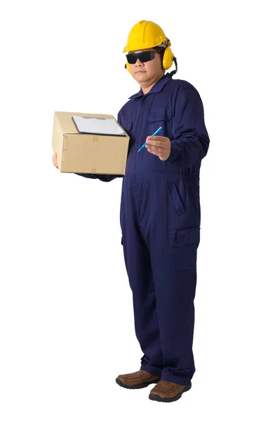 Worker in Mechanic Jumpsuit or delivery man carrying parcel and — Stock Photo, Image