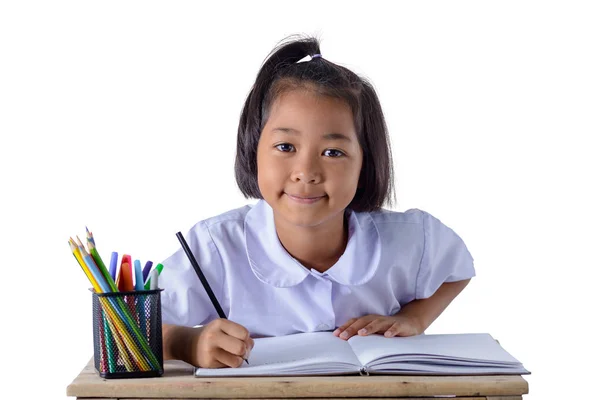 Okul üniforması asyalı kız portresi renk p ile çiziyor — Stok fotoğraf