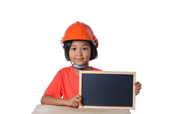 Asian children wearing safety helmet and smiling with chalkboard — Stock Photo, Image