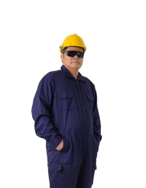 mekanik jumpsuit işçi portresi beyaz backgr izole