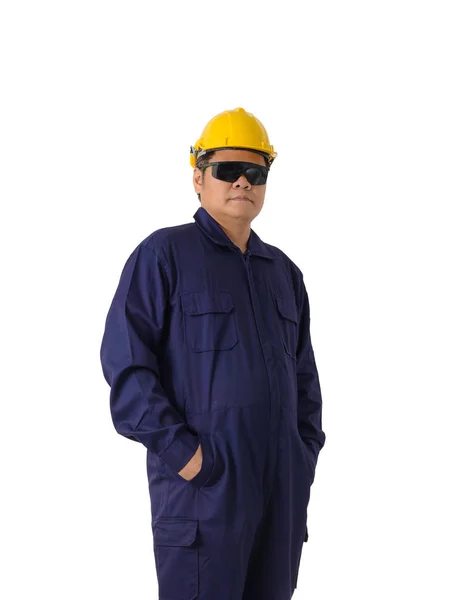 Portrait of worker in Mechanic Jumpsuit isolated on white backgr — Stock Photo, Image