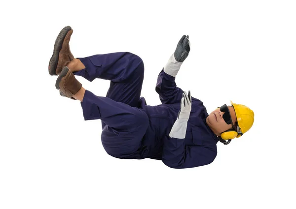 Worker in Mechanic Jumpsuit had an accident at work isolated on — Stock Photo, Image