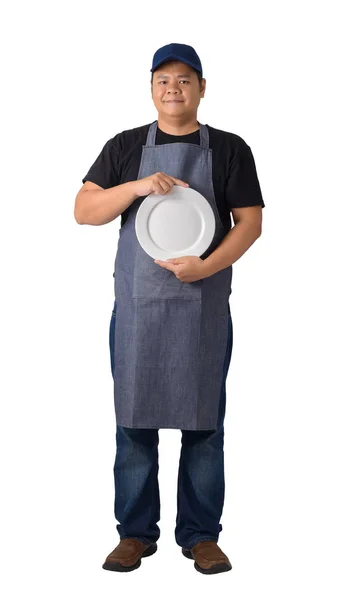 Waiter holding empty plate isolated on white background — Stock Photo, Image