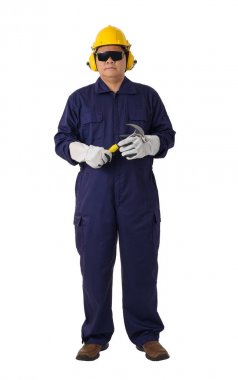 Mekanik Jumpsuit bir işçinin tam vücut portresi bir Holding olduğunu