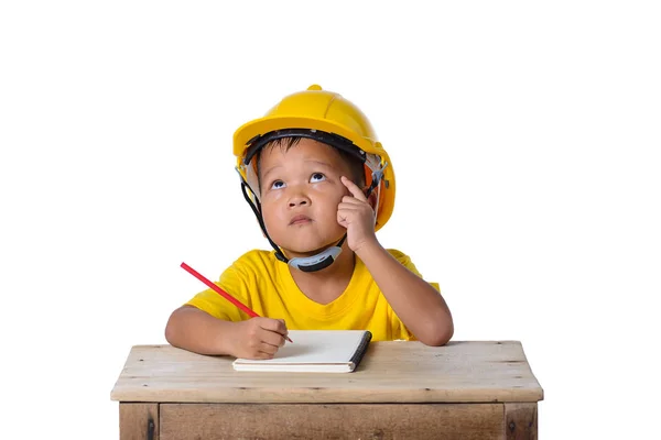 Asian children wearing safety helmet and thinking isolated on wh — Stock Photo, Image