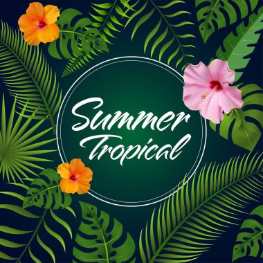 Tropikal yaprak lar ve çiçekler, orman bitkileri ile Tropikal arka plan ile Trendy yaz afiş festivali Vektör Tasarım Şablonu