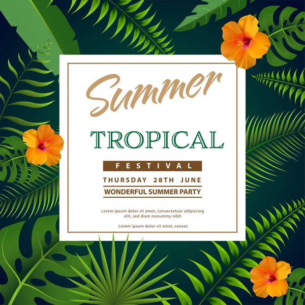 时髦的夏季海报节矢量设计模板与热带叶子和花卉 热带背景与丛林植物 — 图库矢量图片
