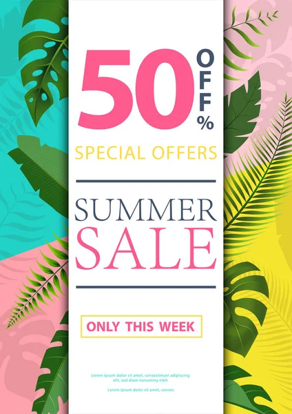 Summer Sale Discount Design Banner Poster Exotic Jungle Plant Palm — Stock Vector