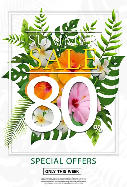 Summer Sale Discount Design Flyers Poster Exotic Jungle Plant Palm — Stock Vector