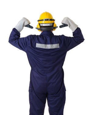 mekanik Jumpsuit izole bir işçinin arka görünüm portresi 