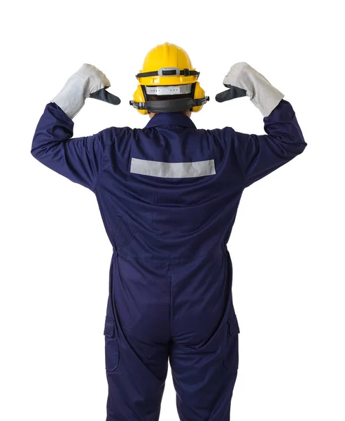 Vista posterior retrato de un trabajador en traje mecánico aislado en — Foto de Stock