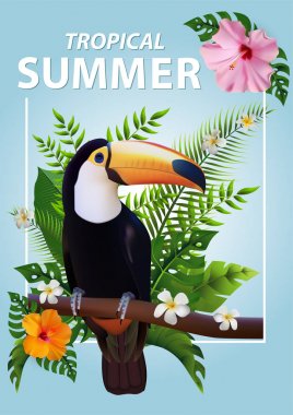Trendy Yaz Tropikal Çiçekler, Yapraklar, Hornbill. T-shirt Moda Grafik. Egzotik Vektör Tasarımı
