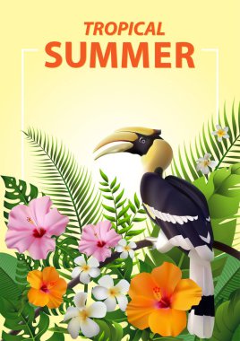Trendy Yaz Tropikal Çiçekler, Yapraklar, Hornbill. T-shirt Moda Grafik. Egzotik Vektör Tasarımı
