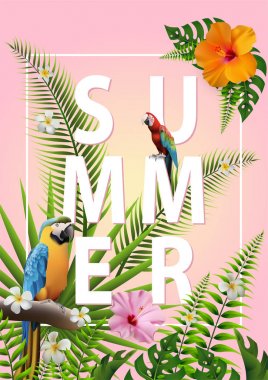 Trendy Yaz Tropikal Çiçekler, Yapraklar, Macore kuş. T-shirt Moda Grafik. Egzotik Vektör Tasarımı