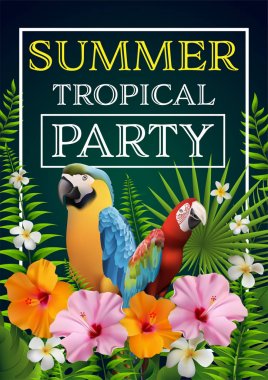 Trendy Yaz Tropikal Çiçekler, Yapraklar, macore kuş. Parti posteri Egzotik Vektör Tasarımı