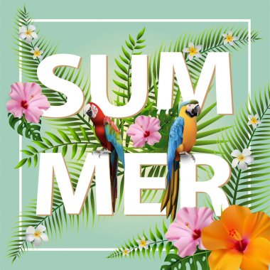 Trendy Yaz Tropikal Çiçekler, Yapraklar, Macore kuş. T-shirt Moda Grafik. Egzotik Vektör Tasarımı