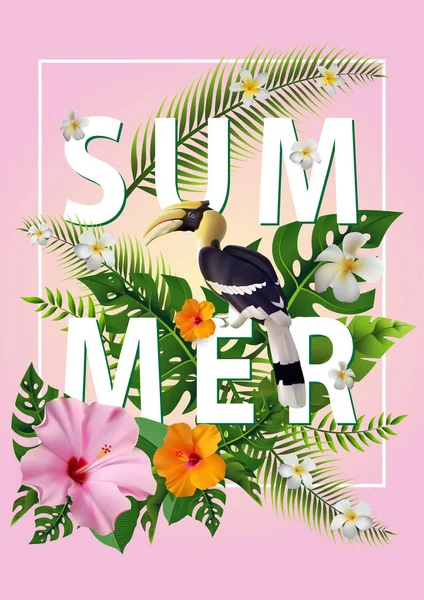 Trendiga Sommar Tropiska Blommor Löv Hornbill Shirt Mode Grafik Exotisk — Stock vektor