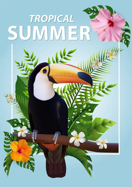 Trendy Sommer Tropische Blumen Blätter Hornvogel Shirt Mode Grafik Exotisches — Stockvektor