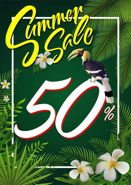 Moda Tropical Leaves Summer Sale Banner Descuento Con Planta Exótica — Archivo Imágenes Vectoriales