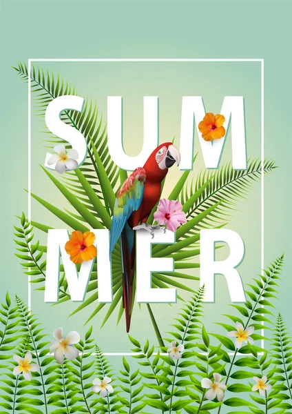 Trendy Sommer Tropischen Blumen Blättern Macore Vogel Shirt Mode Grafik — Stockvektor