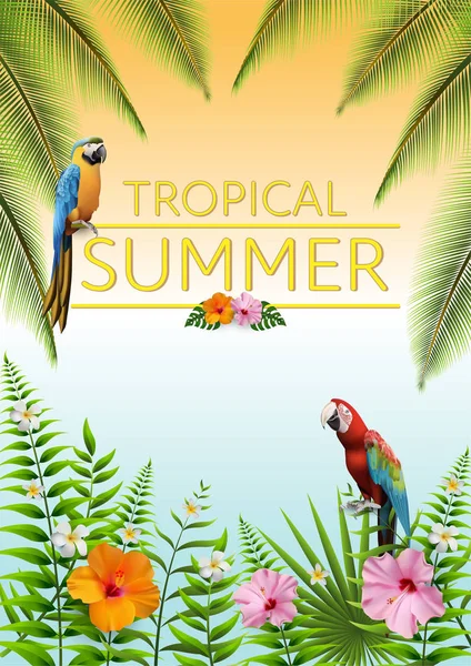 Trendy Summer Tropical Flowers Hojas Macore Bird Camiseta Fashion Graphic — Archivo Imágenes Vectoriales