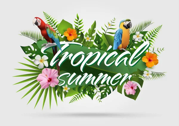 Trendy Yaz Tropikal Çiçekler, Yapraklar, Macore kuş. T-shirt Moda Grafik. Egzotik Vektör Tasarımı