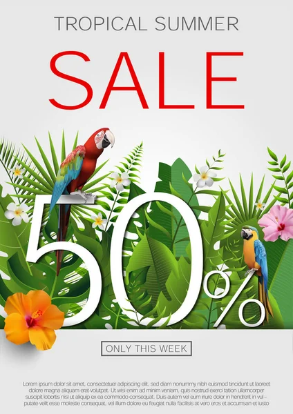 Summer Sale Tropical Banner Poster Seasonal Promotion Exotic Flowers Palm — Stock Vector