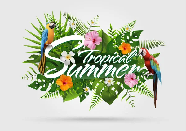 Trendy Summer Tropical Flowers Hojas Macore Bird Camiseta Fashion Graphic — Vector de stock