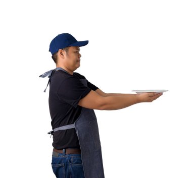 boş tabak beyaz arka plan üzerinde izole tutan garson